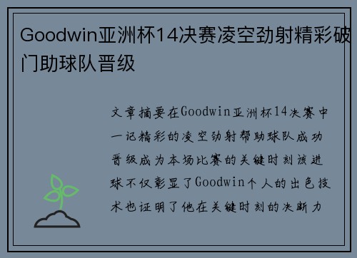 Goodwin亚洲杯14决赛凌空劲射精彩破门助球队晋级